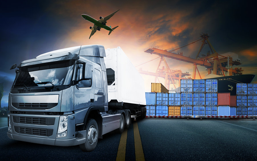 Commercial goods are transported by ship, rail, or truck for cost-effective delivery