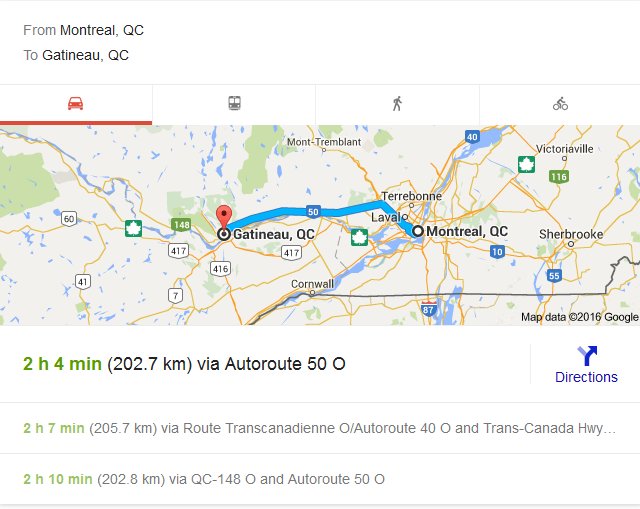 Travel distance from Montreal to Gatineau