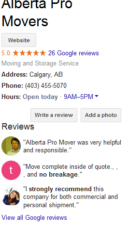 Alberta Pro Movers – Google reviews