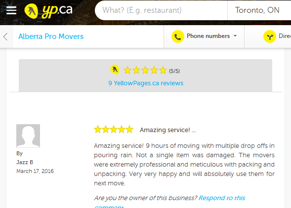 Alberta Pro Movers – Yellow Pages.ca review
