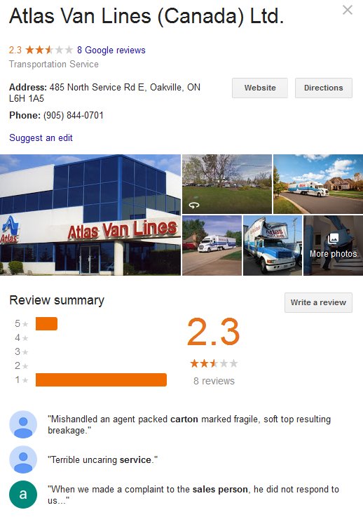 Atlas Van Lines Canada – Location and reviews