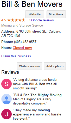 Bill and Ben Movers - Google reviews