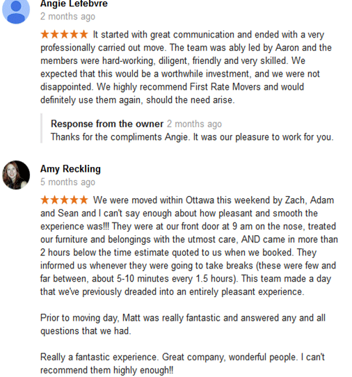First Rate Movers Customer Reviews