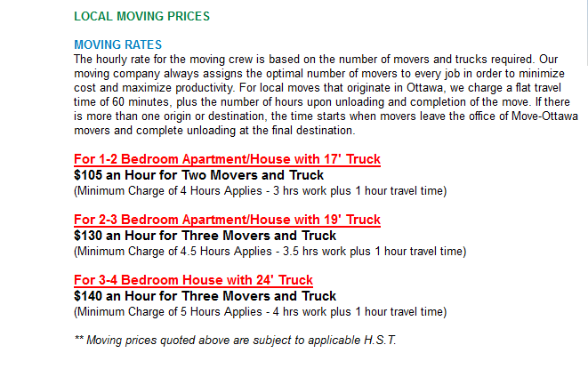 Move Ottawa – Local moving rates