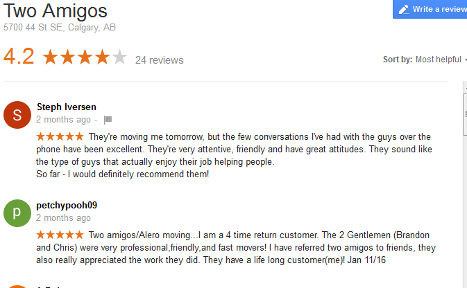 Two Amigos Moving - Google reviews