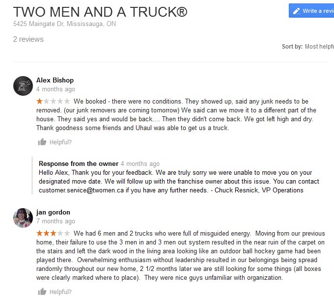Two Men and a Truck - Moving reviews