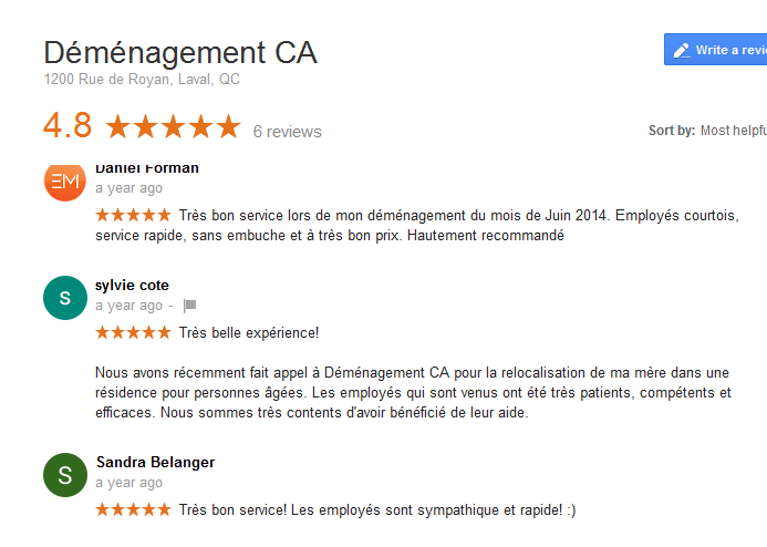 Google reviews - Déménagement CA