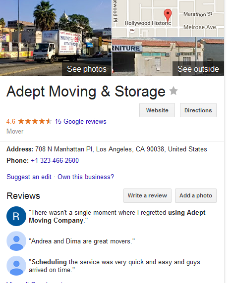 Adept Moving and Storage – Mover’s Location and ratings