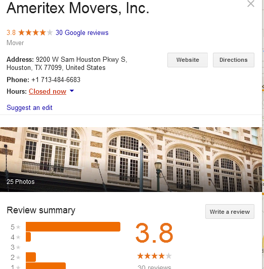 Ameritex Movers – Google rating