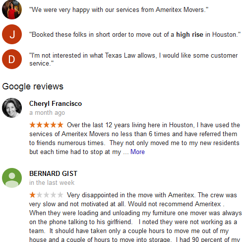 Ameritex Movers – Google reviews