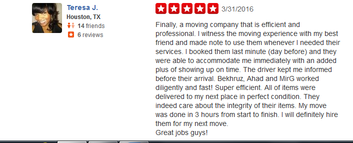 Best Movers Houston – YELP review