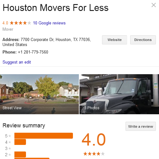 Houston Movers for Less – Google rating