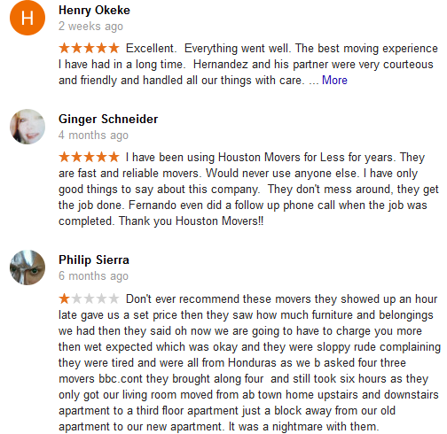 Houston Movers for Less – Google reviews