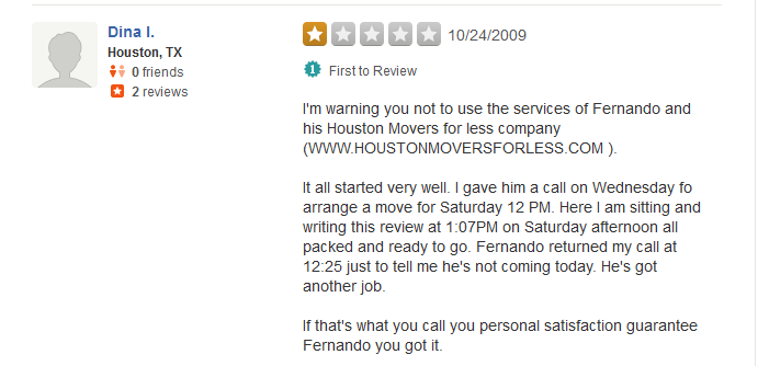 Houston Movers for Less – YELP review