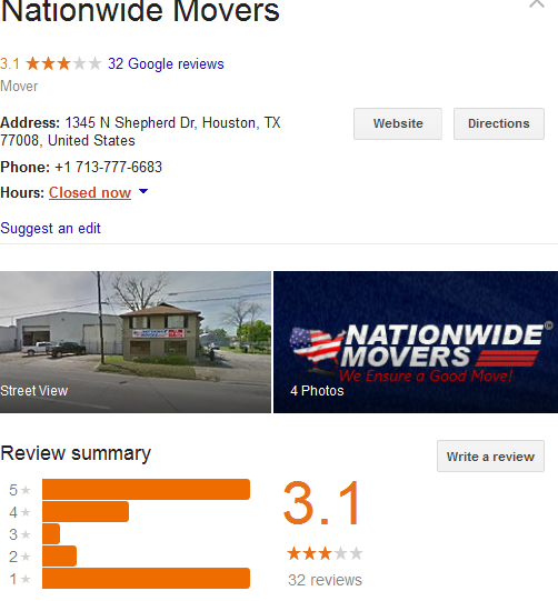 Nationwide Movers – Google rating