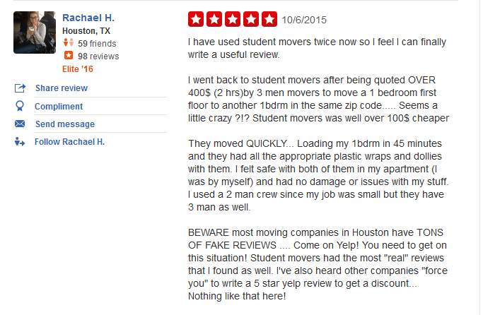 Student Movers Inc – YELP review