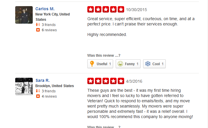 Veteran Movers NYC – Customer reviews