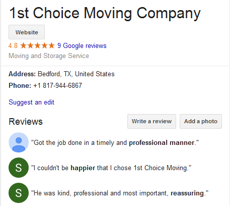 1st Choice Moving – Movers’ location and ratings