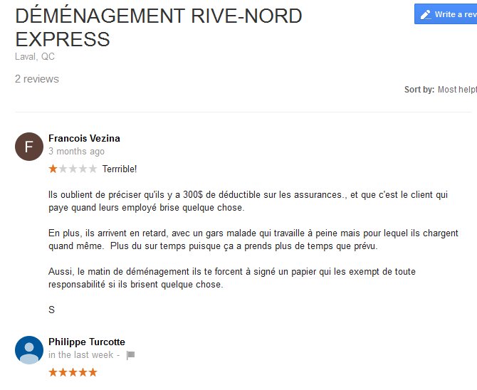 Demenagement Rive Nord Express – Moving reviews
