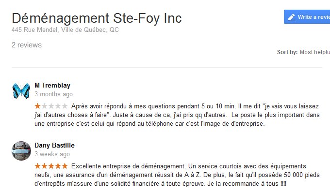 Demenagement Ste-Foy – Moving reviews