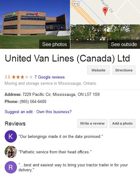 United Van Lines – Canada Location and moving reviews