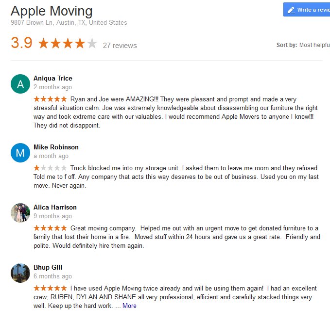 Apple Moving LLC – Moving reviews