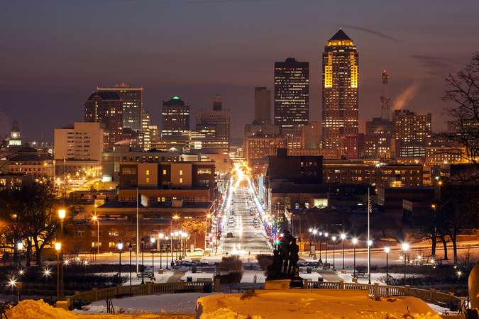 Enjoy the city skyline of Des Moines, Iowa at sunset