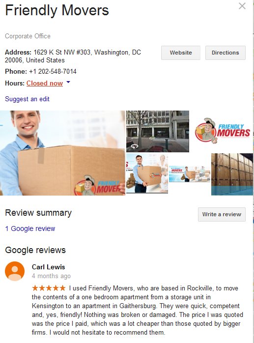 Friendly Movers – Location and reviews