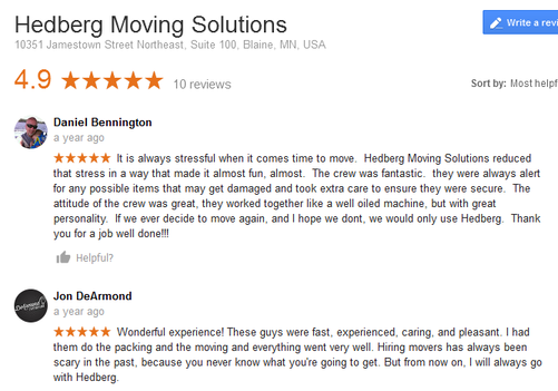 Hedberg Moving Solutions – Moving reviews
