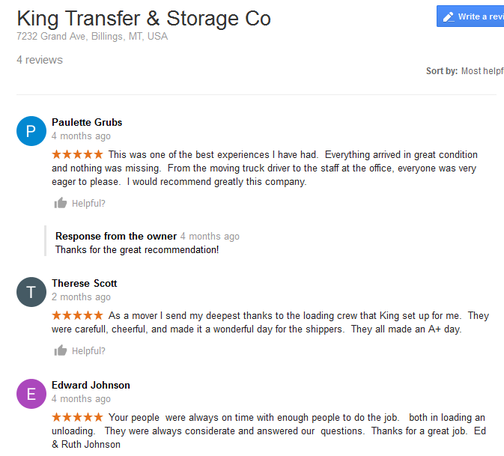 King Transfer and Storage - Moving reviews
