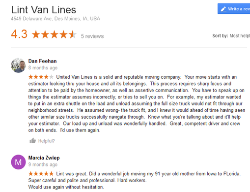 Lint Van Lines – Moving reviews