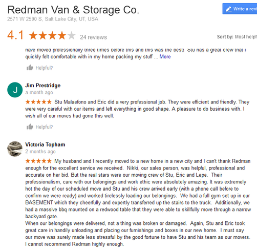 Redman Van and Storage - Moving reviews