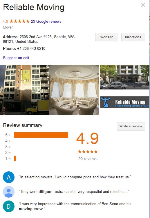 Reliable Moving – Location and reviews