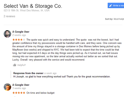 Select Van and Storage Co. – Moving reviews