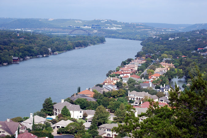 Towne Lake dotted with gorgeous lakeside properties in Austin, Texas viewed from Mt. Bonnell