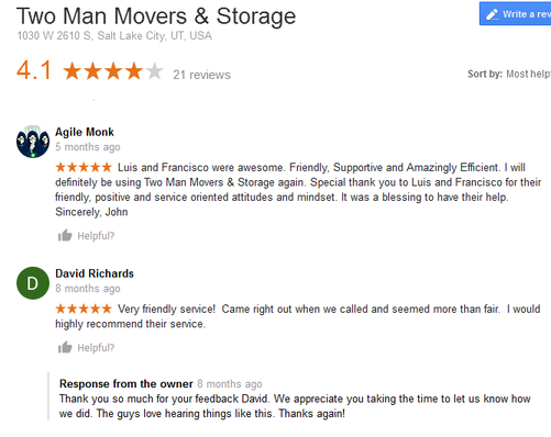 Two Man Movers and Storage - Moving reviews