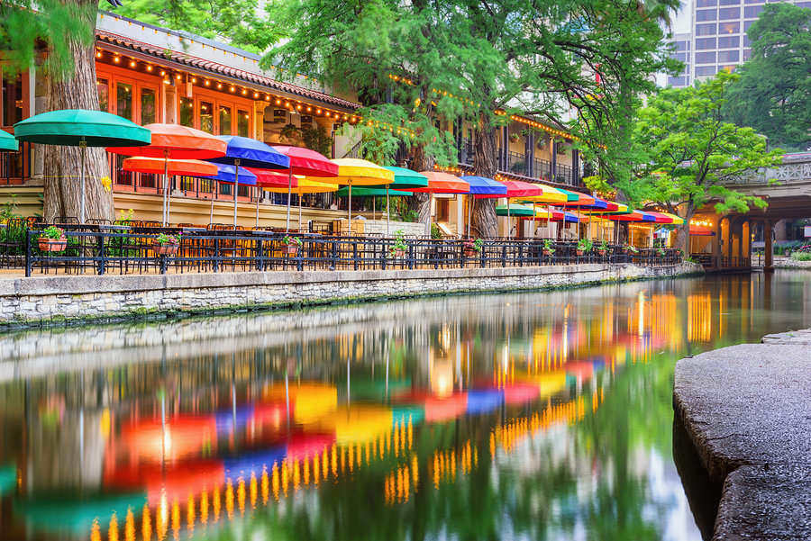 Colorful cityscape along San Antonio River in San Antonio, Texas
