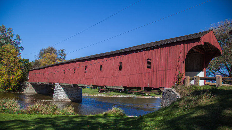 West Montrose (Kissing Bridge) covered bridge in autumn in Waterloo, Ontario