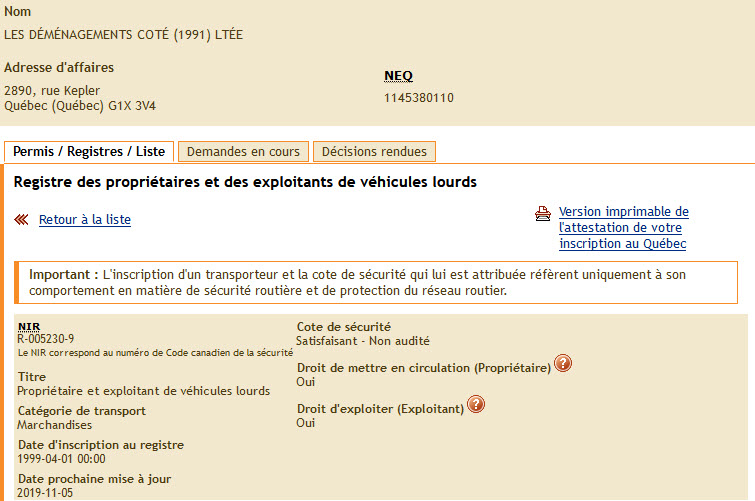 Here’s an example of a CTQ record for Demenagement Cote.